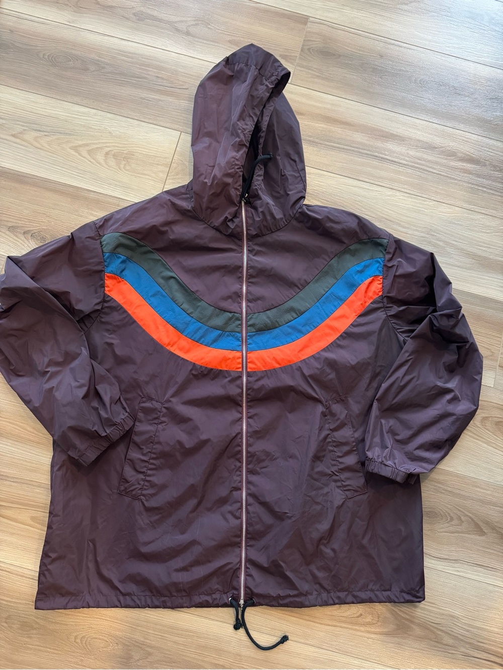 Lightweight Hooded Windbreaker Jacket in Deep Plum with Colorful Chevron
